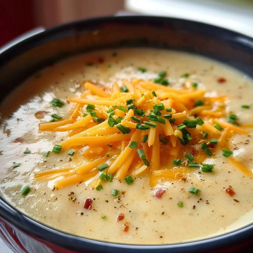 Delicious bowl of Cheesy Potato Soup topped with cheese and herbs