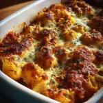 Delicious cheesy stuffed pasta bake with melted cheese and herbs