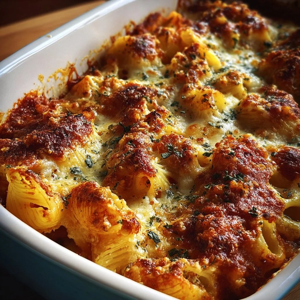 Delicious cheesy stuffed pasta bake with melted cheese and herbs