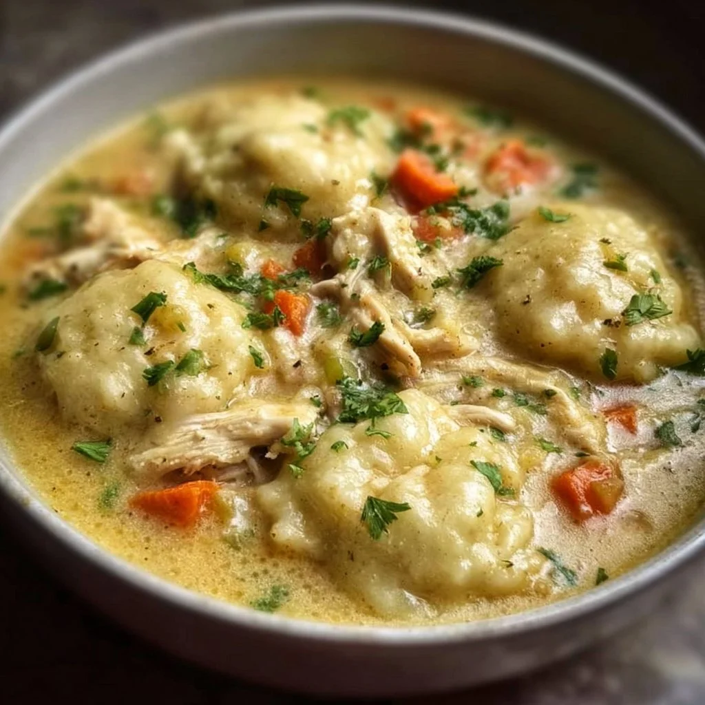 Bowl of homemade Chicken and Dumplings with herbs and vegetables