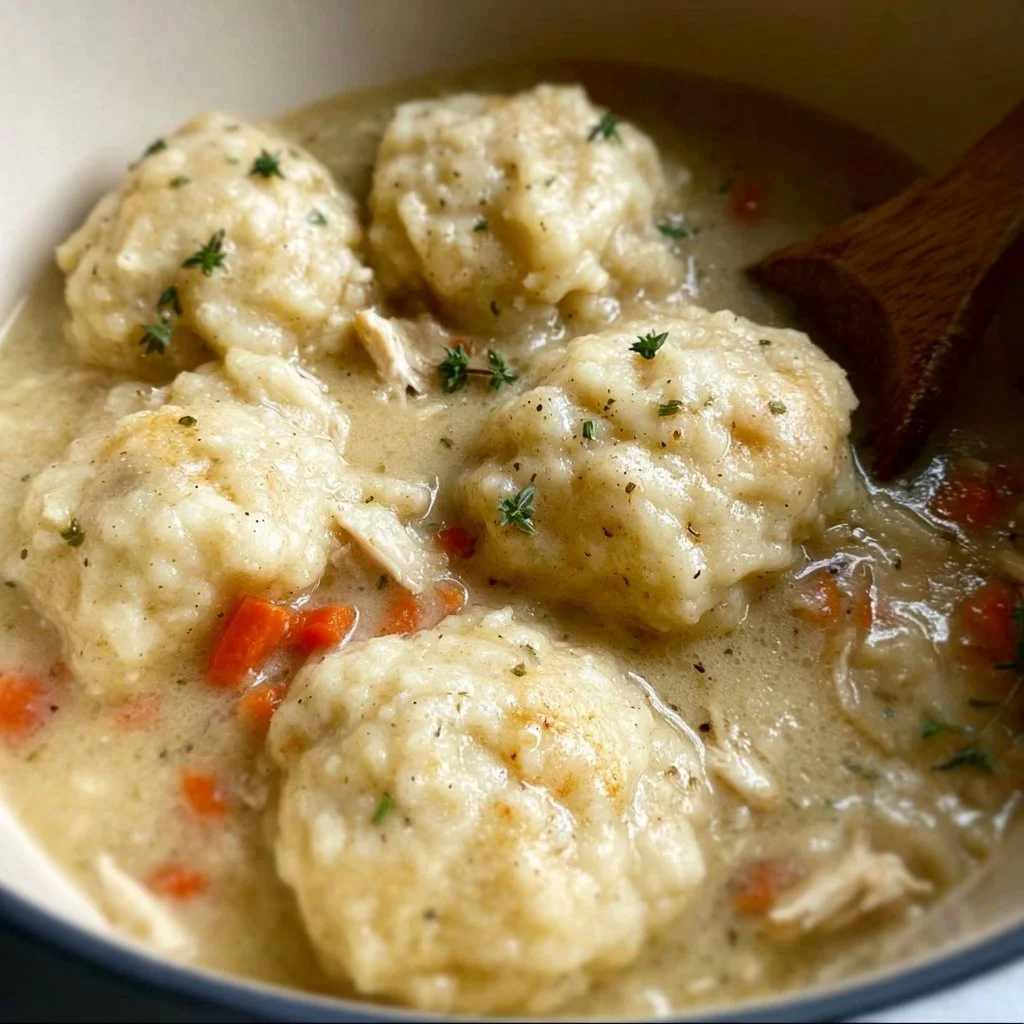 Chicken and sourdough dumplings served in a bowl