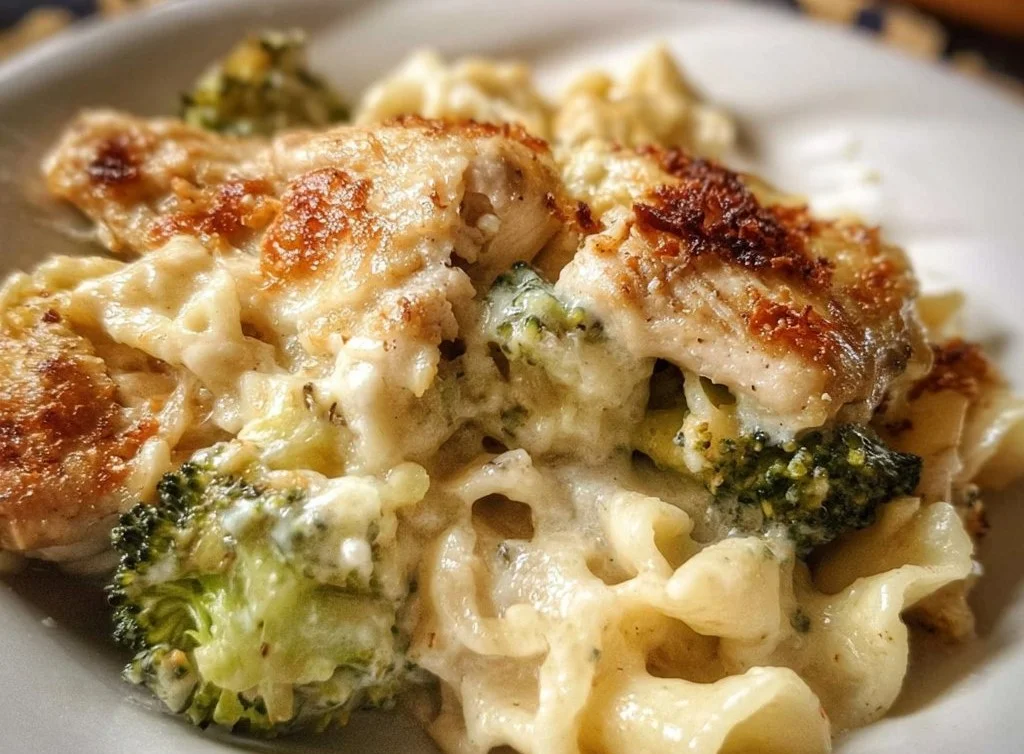 Delicious Chicken Broccoli Alfredo Bake served in a casserole dish