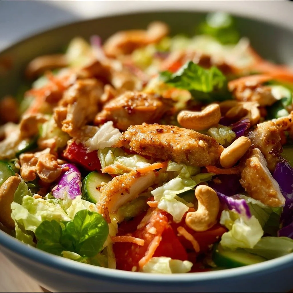Delicious Chicken Cashew Crunch Salad with vibrant veggies and crunchy cashews