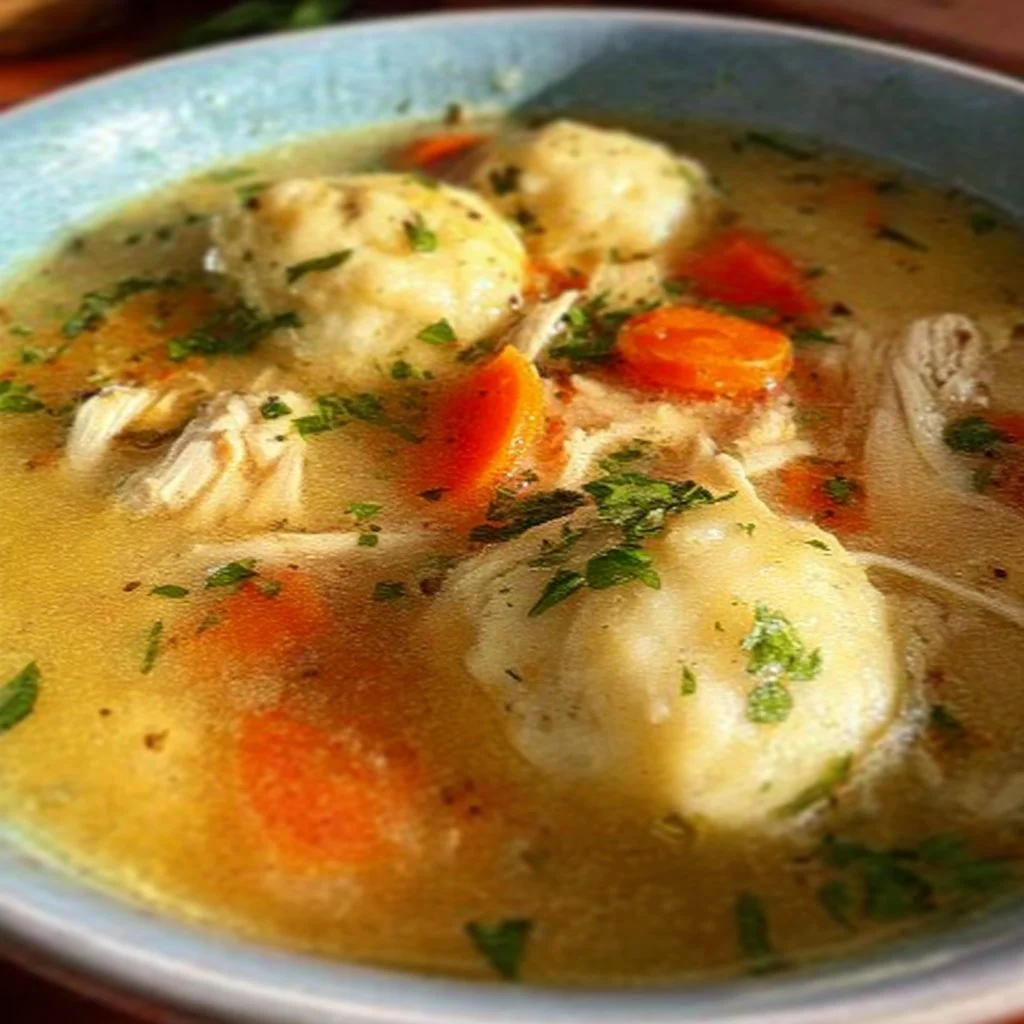 Delicious bowl of Chicken Dumpling Soup with tender dumplings and herbs