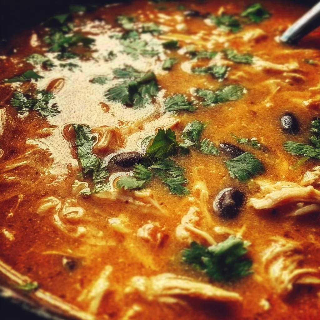 Delicious homemade Chicken Enchilada Soup served in a bowl with toppings.