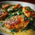 Plate of Chicken Florentine with spinach and creamy sauce