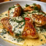 Delicious chicken served in creamy basil sauce with fresh basil garnish.