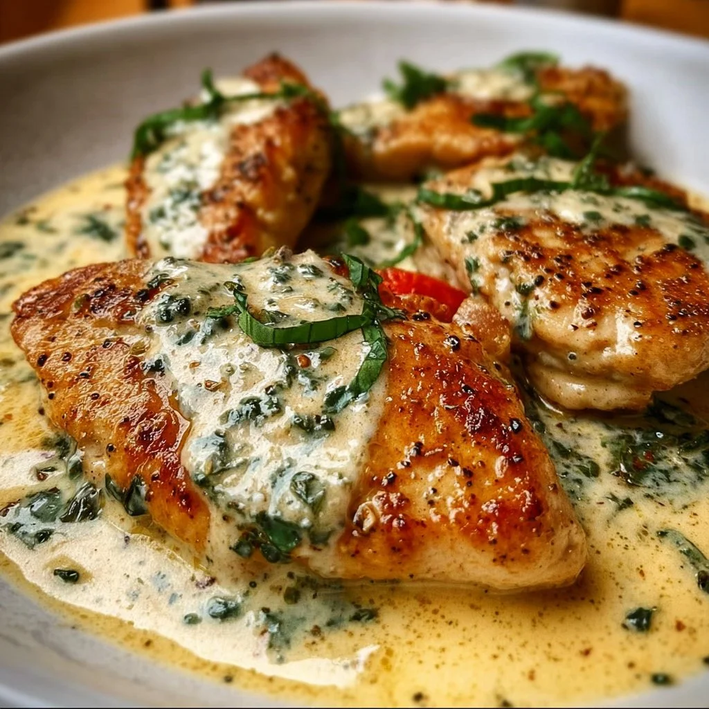 Delicious chicken served in creamy basil sauce with fresh basil garnish.