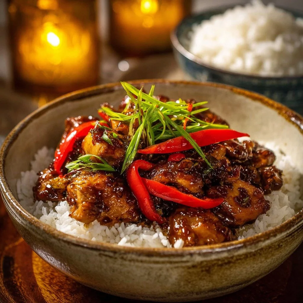 Chicken in Garlic Sauce served with fresh herbs and spices