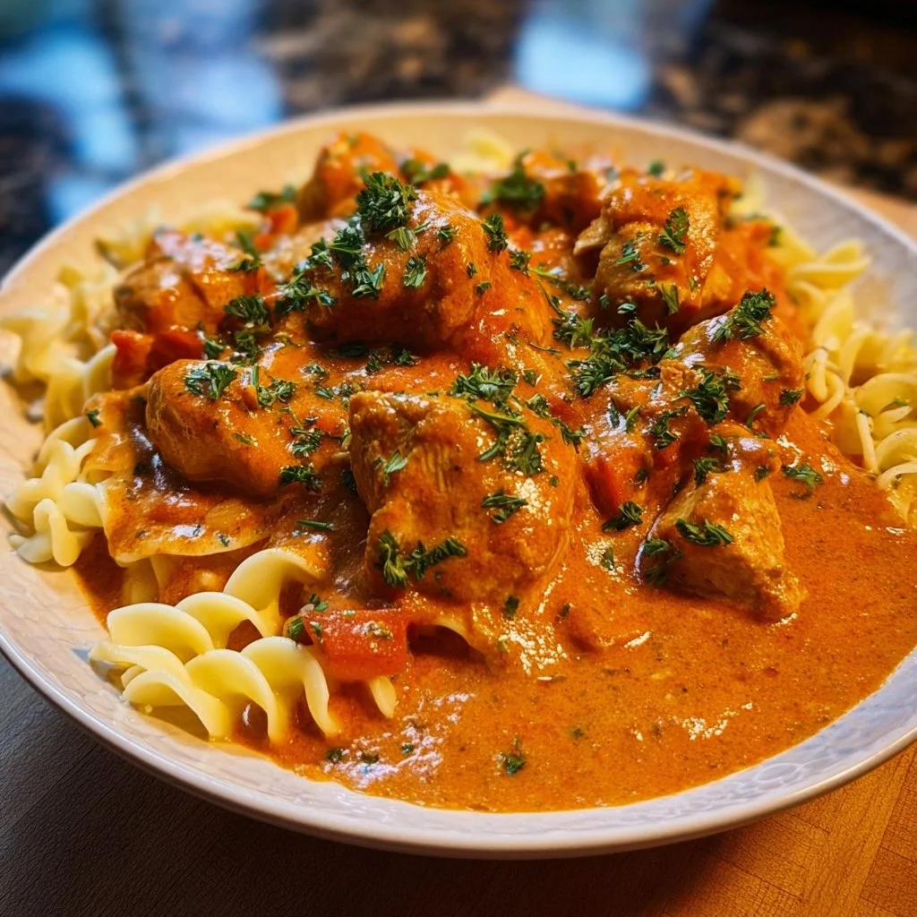 Serving of Chicken Paprikash with paprika sauce and herbs