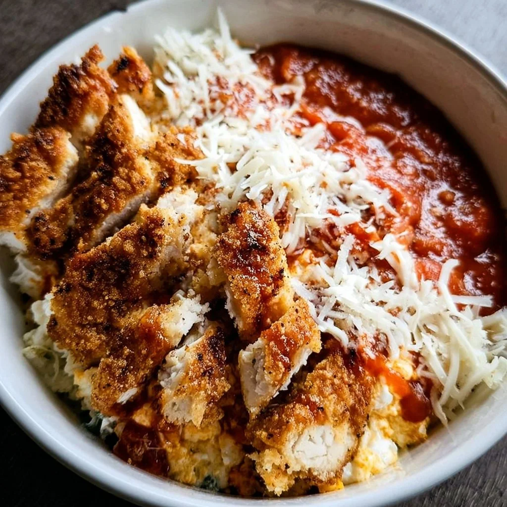Delicious Chicken Parm Cottage Cheese Bowl topped with fresh herbs and marinara sauce