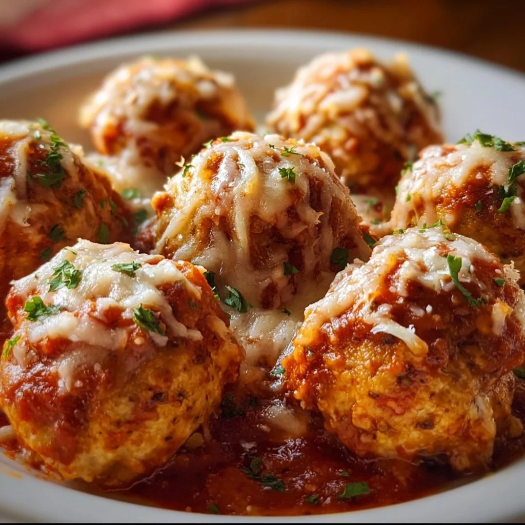 Delicious Chicken Parmesan Meatballs with marinara sauce and cheese.