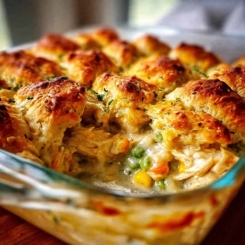 Delicious Chicken Pot Pie Casserole topped with golden crust and fresh herbs