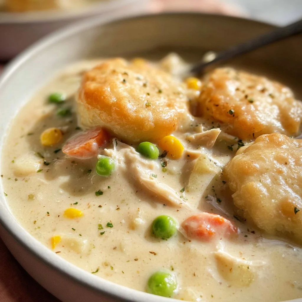 Delicious Chicken Pot Pie Soup served in a bowl with fresh herbs.
