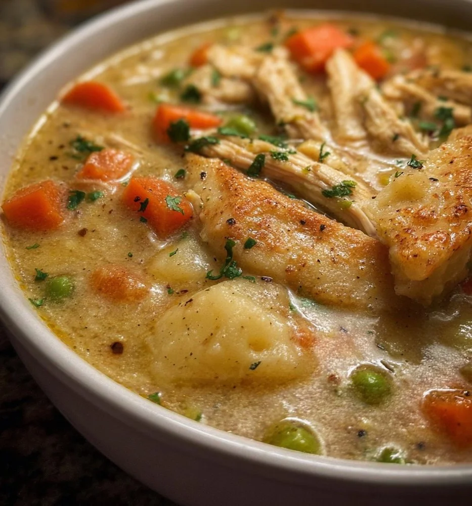 Delicious Chicken Pot Pie Soup served in a bowl, topped with fresh herbs.