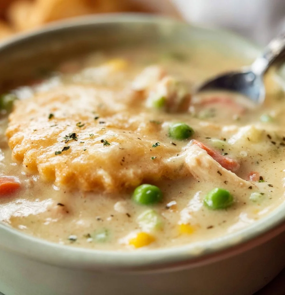Delicious Chicken Pot Pie Soup garnished with herbs in a rustic bowl.