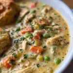 Bowl of Chicken Pot Pie Soup topped with fresh herbs and flaky pastry.