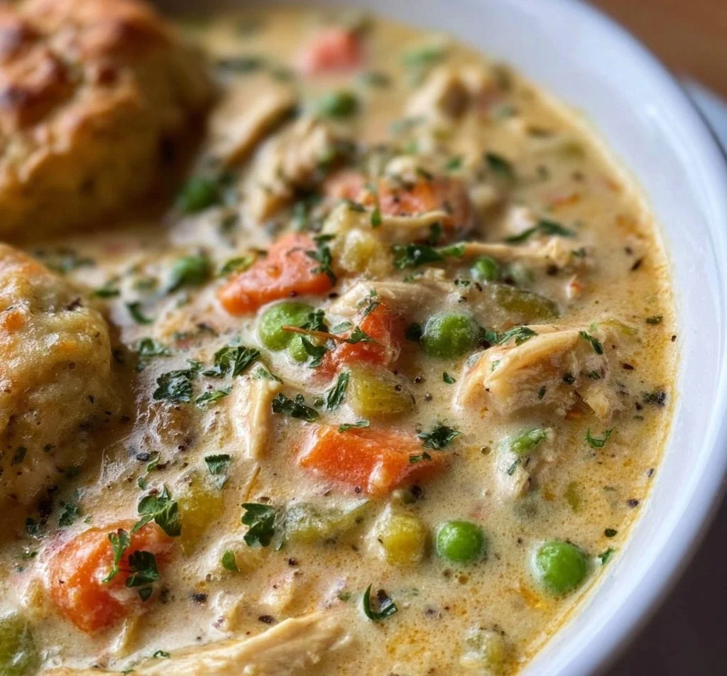 Bowl of Chicken Pot Pie Soup topped with fresh herbs and flaky pastry.