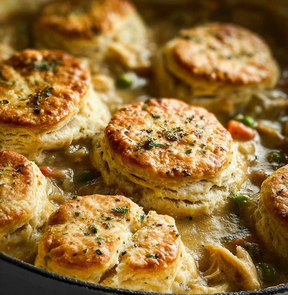 Delicious chicken pot pie with flaky biscuits and hearty ingredients