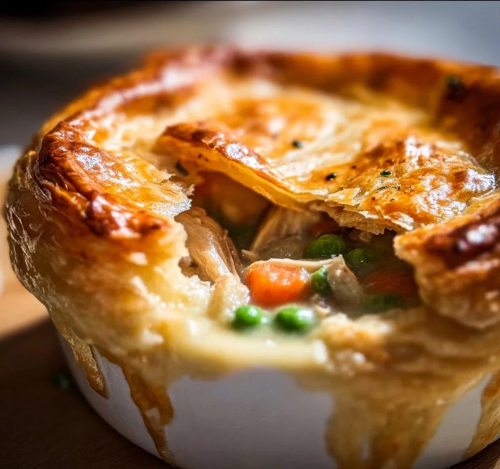 Delicious Chicken Pot Pie with golden puff pastry crust and savory filling
