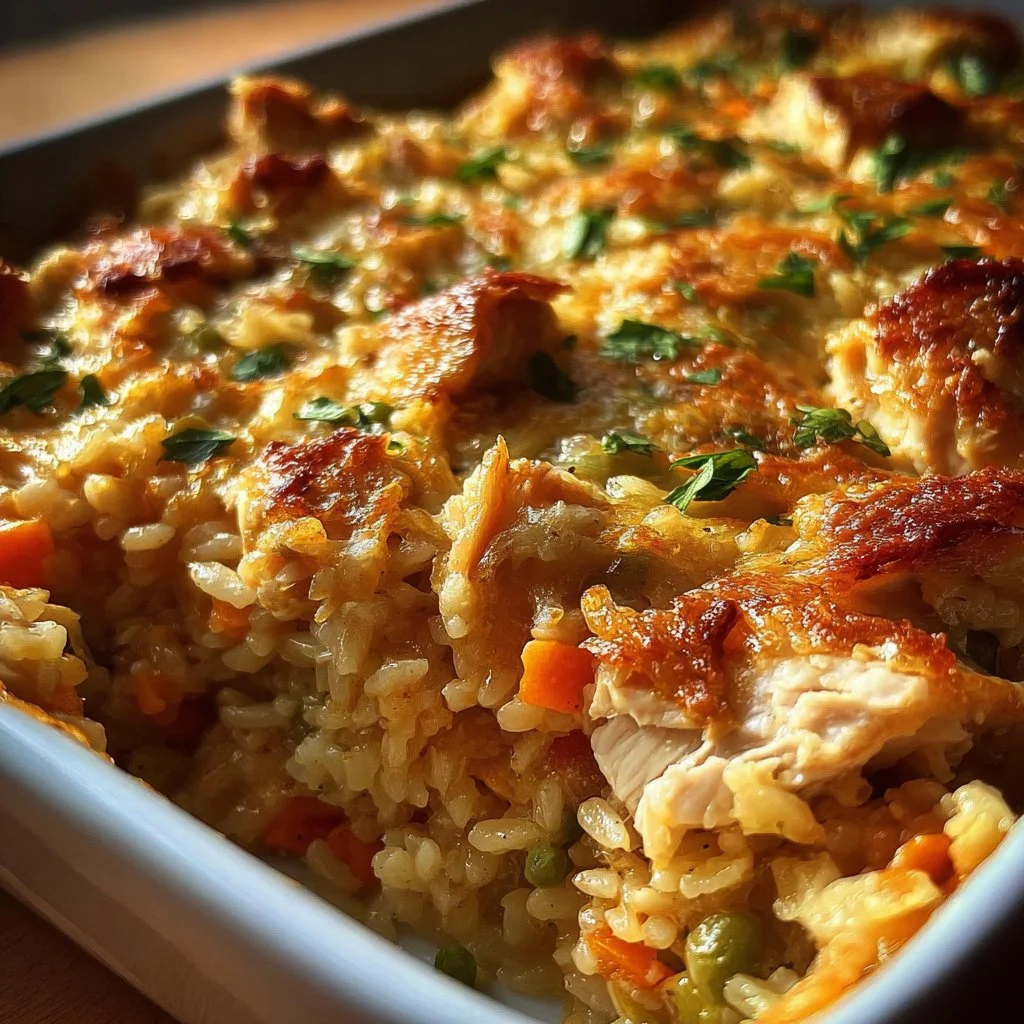 Chicken Rice-A-Roni Casserole served in a dish with garnishes