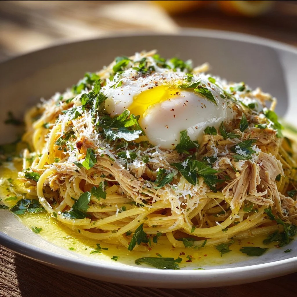 Chicken Spaghetti with Burrata and Lemon Butter Garlic Sauce on a plate