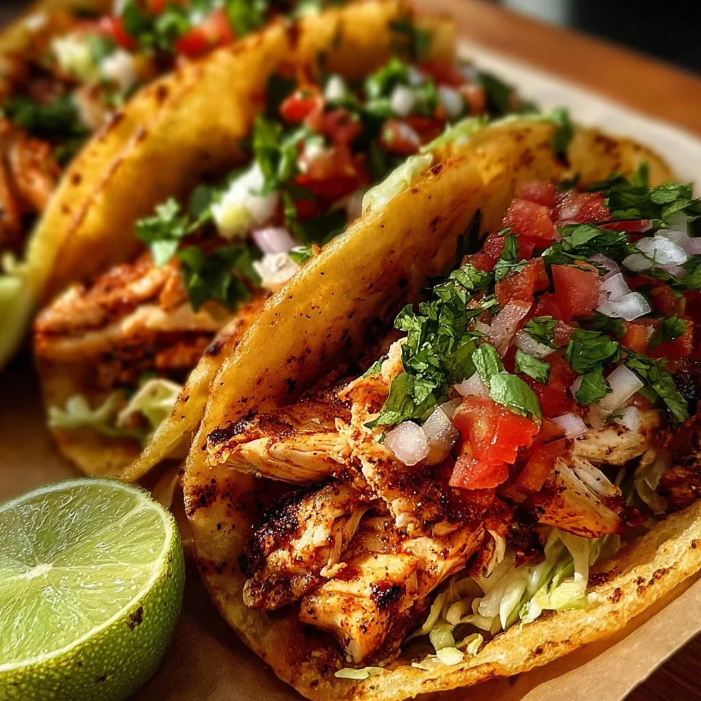 Delicious Chicken Street Tacos served with fresh toppings