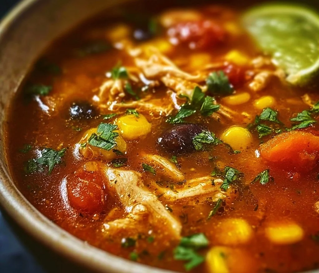 Bowl of delicious homemade chicken taco soup with toppings