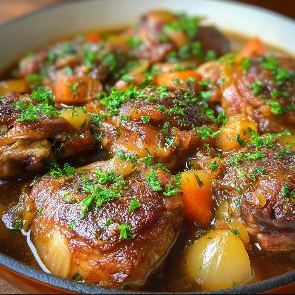 Delicious Chicken Thigh Osso Bucco served with vegetables and herbs.