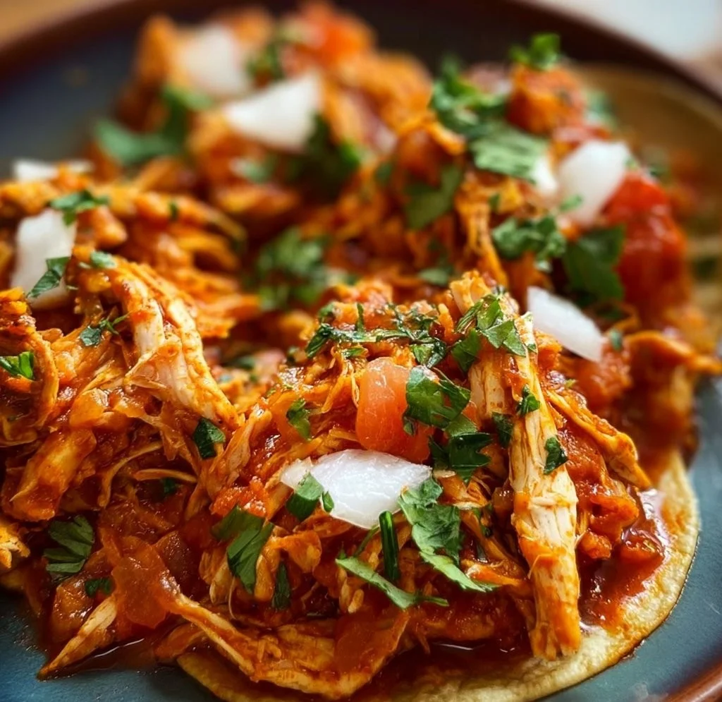 Delicious Chicken Tinga served in tacos with fresh toppings