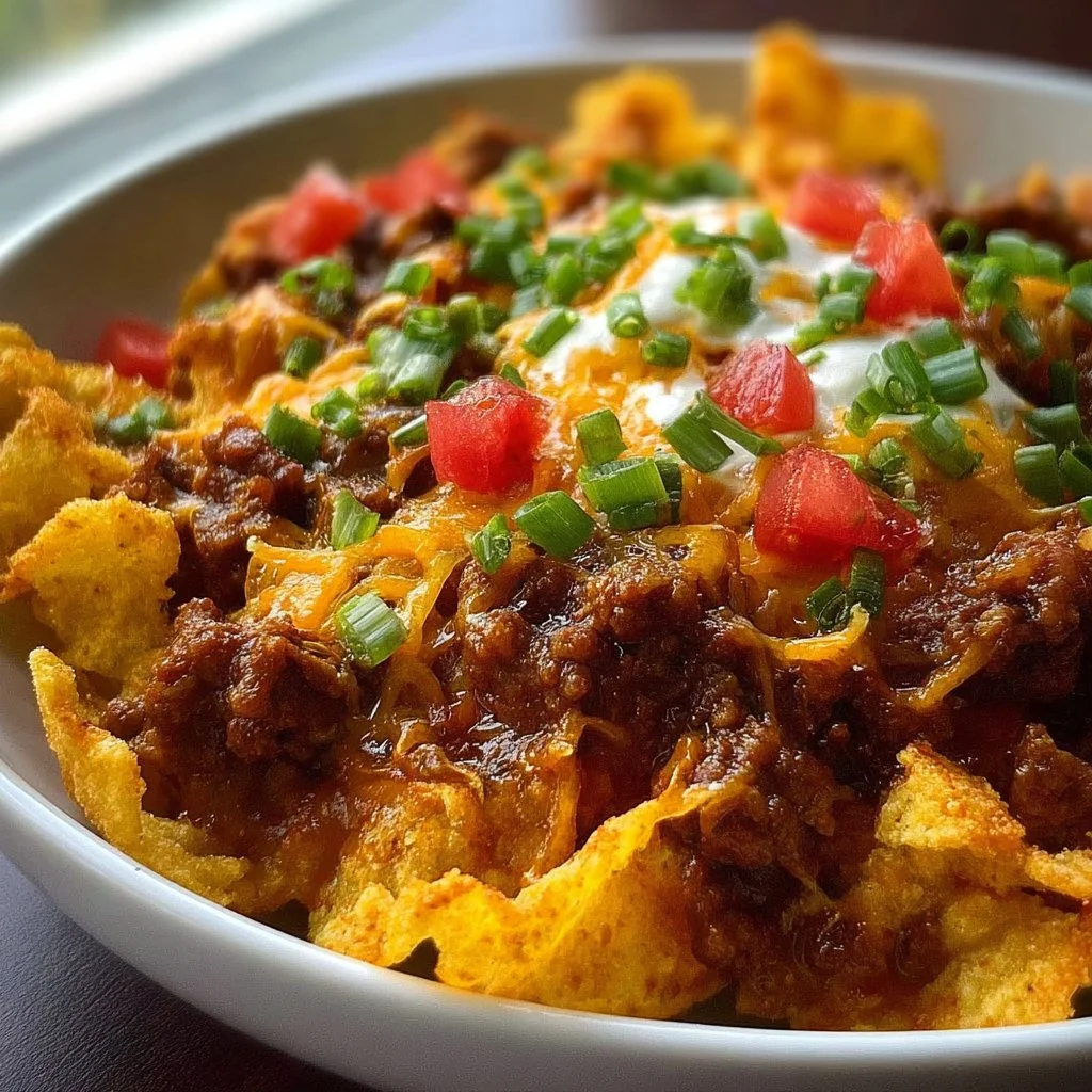 Delicious Chili Cheese Frito Pie topped with cheese and chili