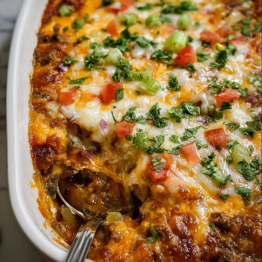 Delicious Chili Stuffed Casserole topped with cheese and fresh herbs