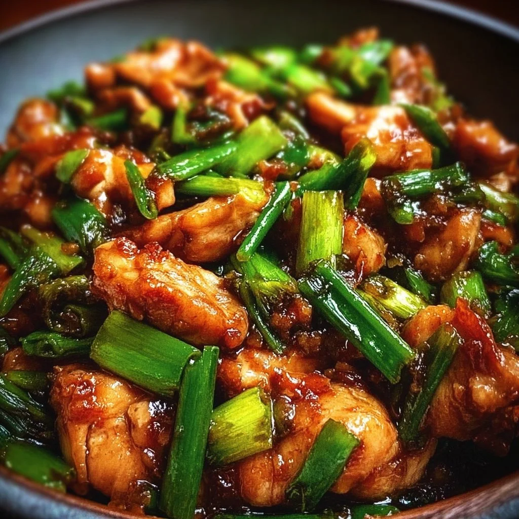 Stir-fried Chinese scallion chicken garnished with fresh scallions