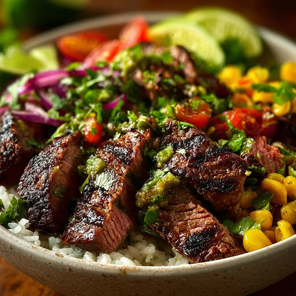Cilantro lime steak bowl with fresh vegetables and rice