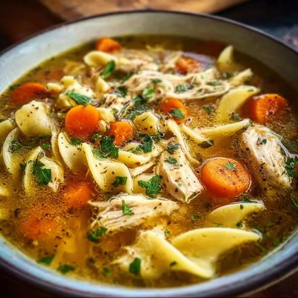 Bowl of classic chicken noodle soup with vegetables and noodles
