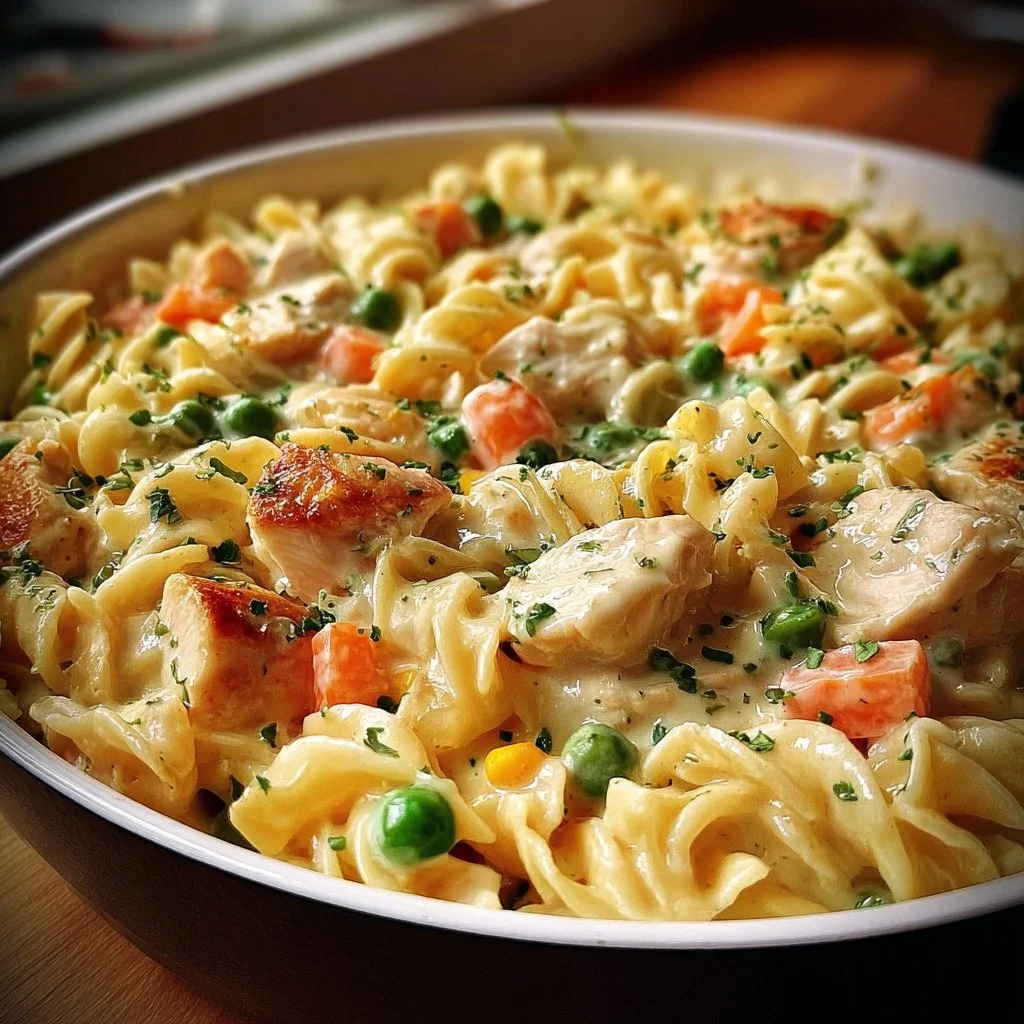 Delicious classic chicken pot pie pasta served in a bowl