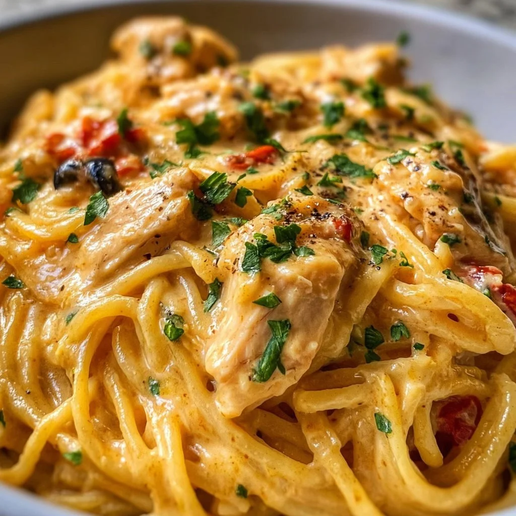 Bowl of Classic CrockPot Chicken Spaghetti topped with parsley.
