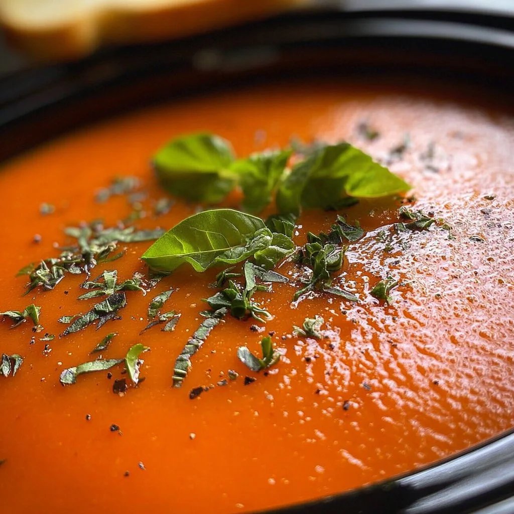 Bowl of classic crockpot tomato soup garnished with fresh basil and cream