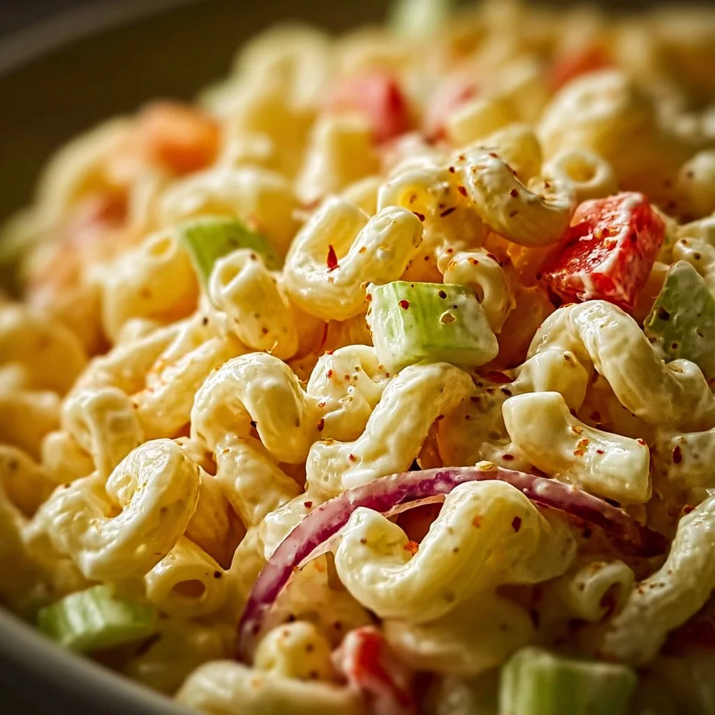 Bowl of Classic Macaroni Salad with vibrant vegetables and creamy dressing
