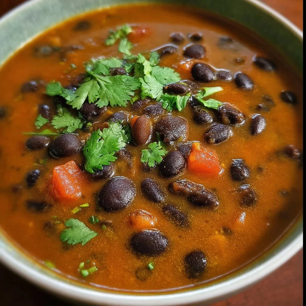 Bowl of coconut black bean soup garnished with cilantro and lime