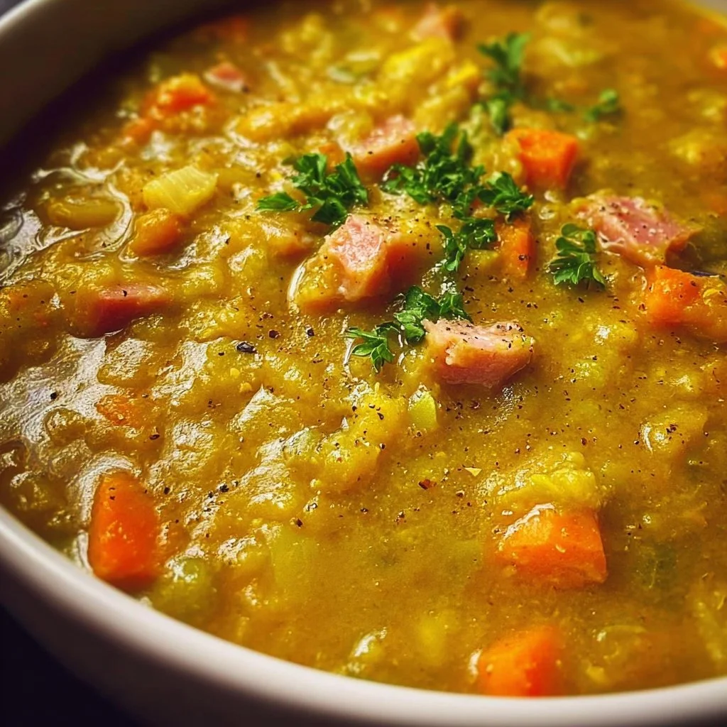 Bowl of comforting crockpot split pea soup with fresh herbs and bread