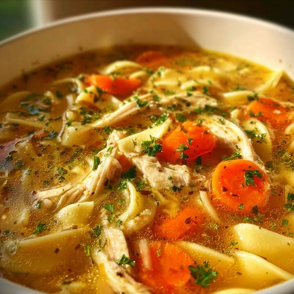 Homemade copycat Panera chicken noodle soup in a bowl