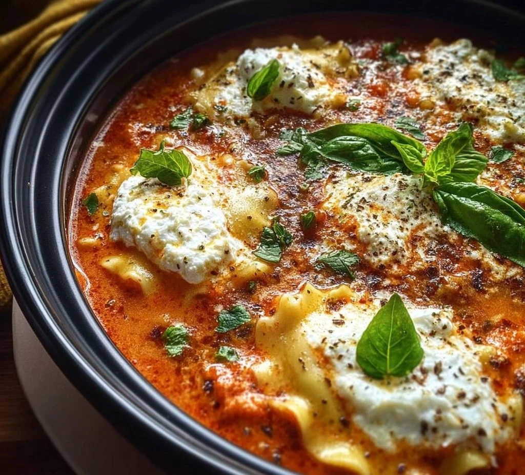 Bowl of Cottage Cheese Lasagna Soup topped with fresh herbs