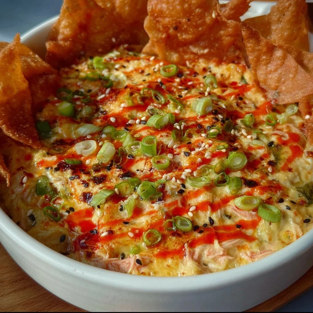 Delicious Crab Rangoon Dip served with crispy wonton chips