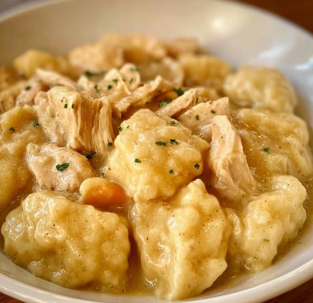 Delicious Cracker Barrel Chicken and Dumplings served in a bowl