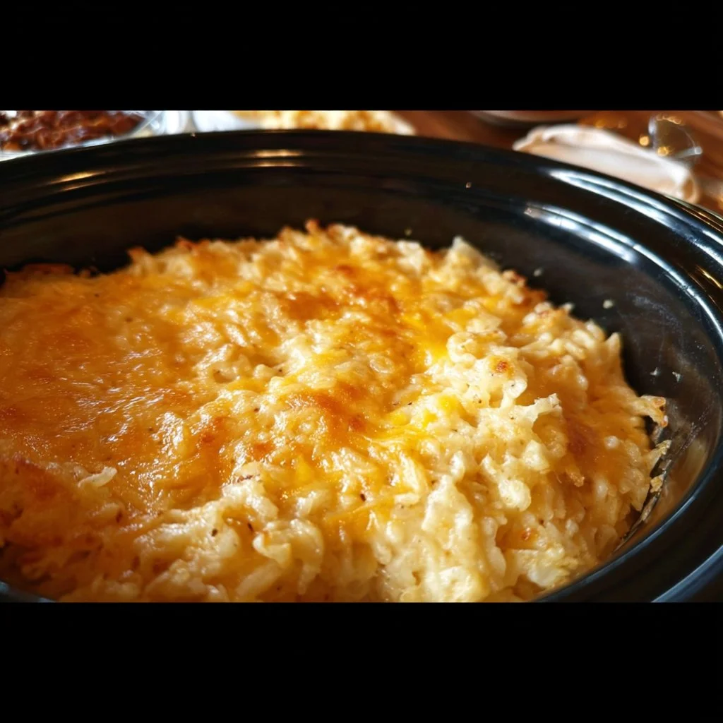 Delicious Cracker Barrel hashbrown casserole served in a dish.