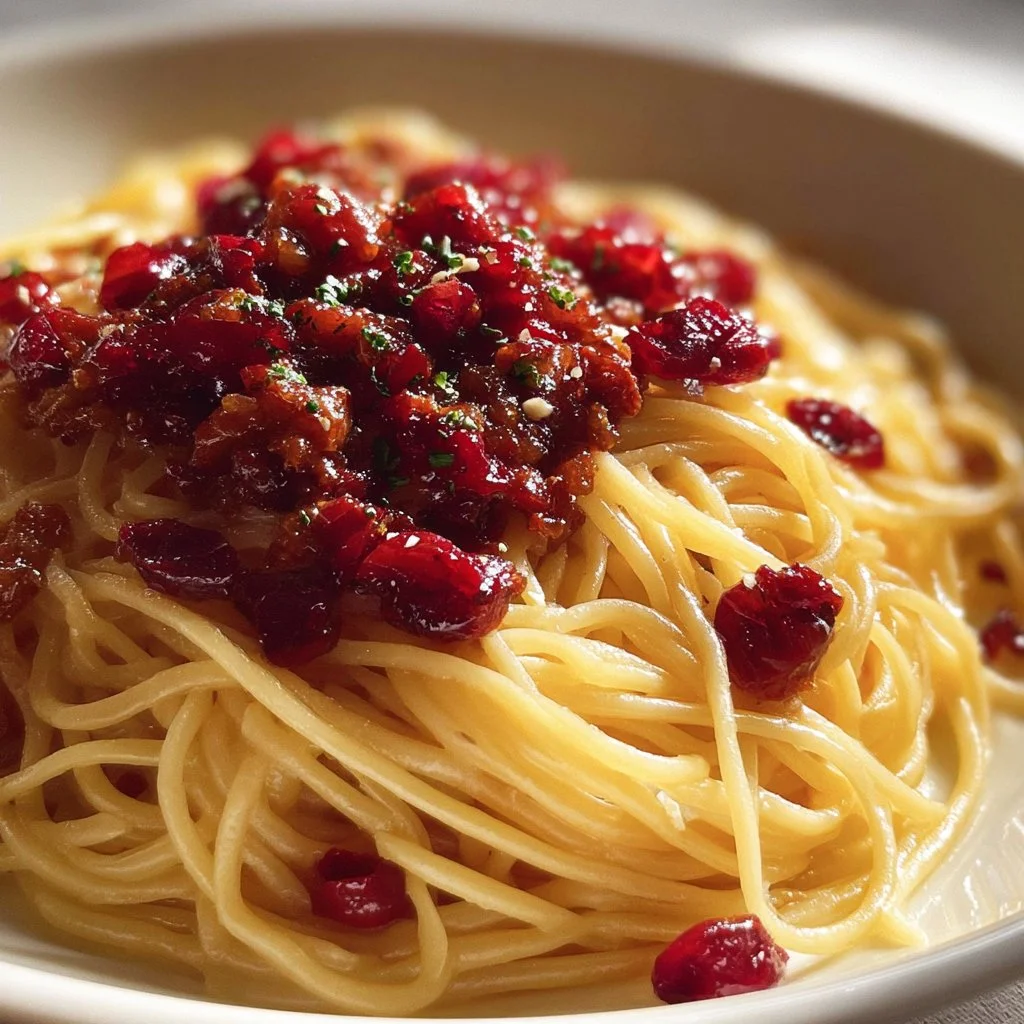 A plate of Cranberry Spaghetti garnished with fresh herbs and cranberries.