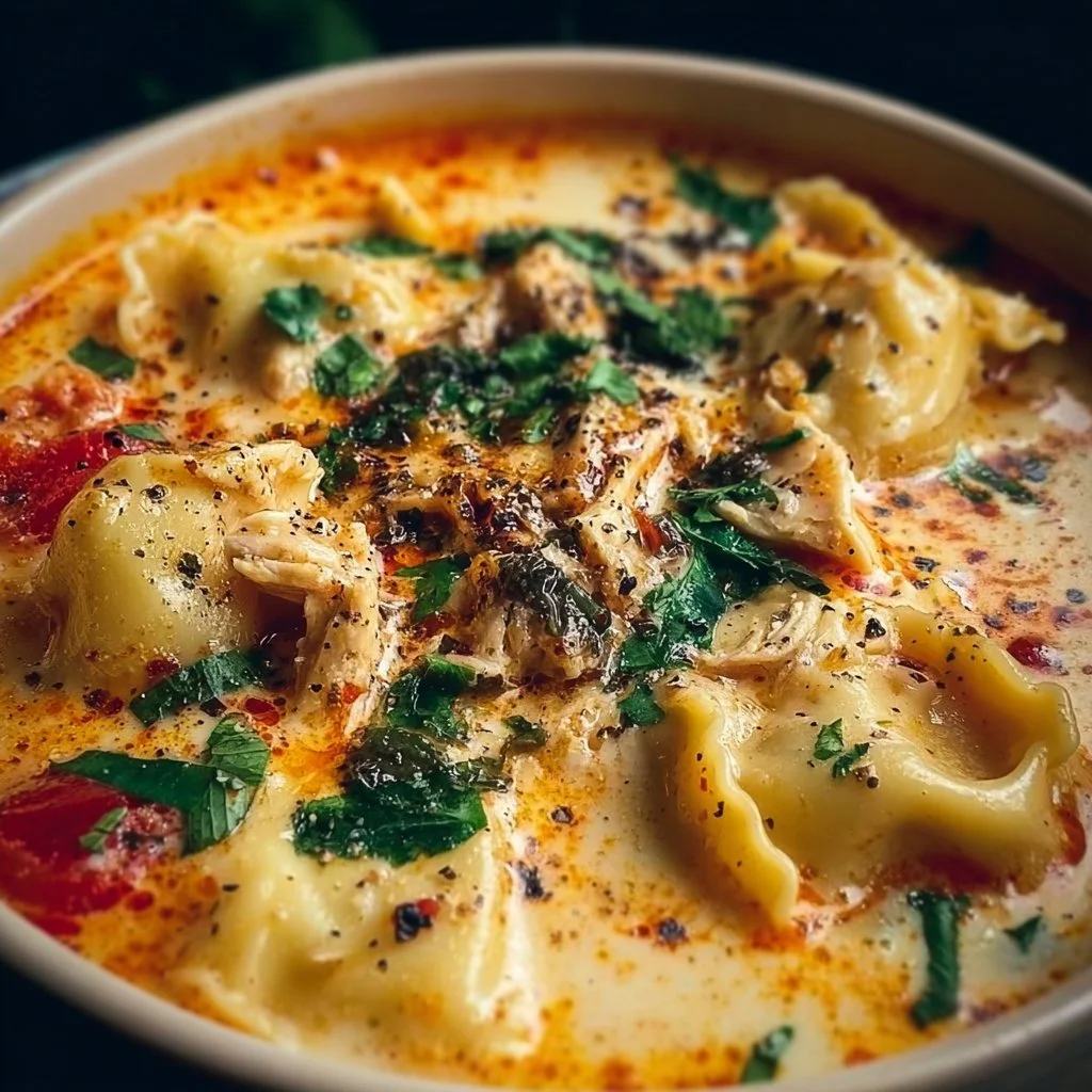 Creamiest Chicken Lasagna Soup served in a bowl with a sprinkle of herbs on top.