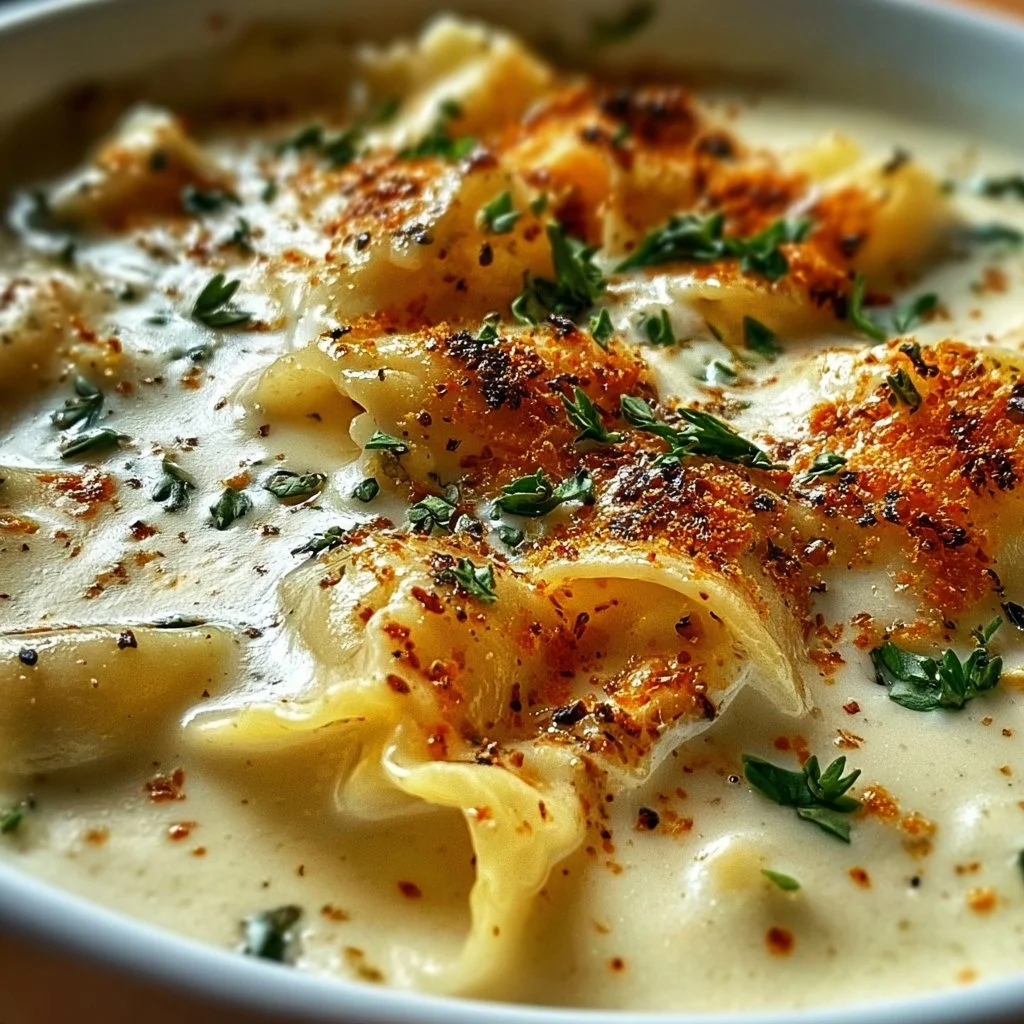 Bowl of creamy Alfredo Lasagna Soup topped with parsley and cheese.