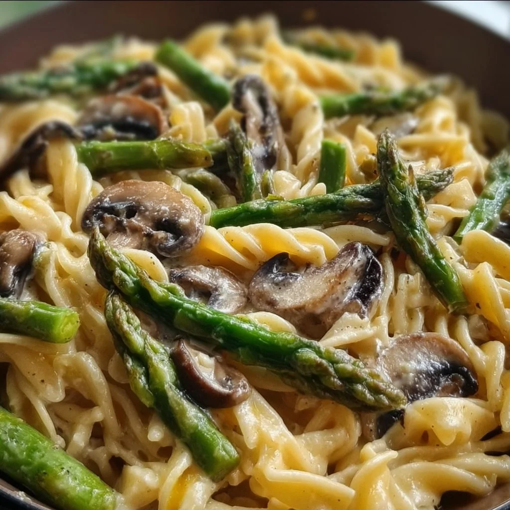 Creamy asparagus mushroom pasta served in a bowl with fresh herbs
